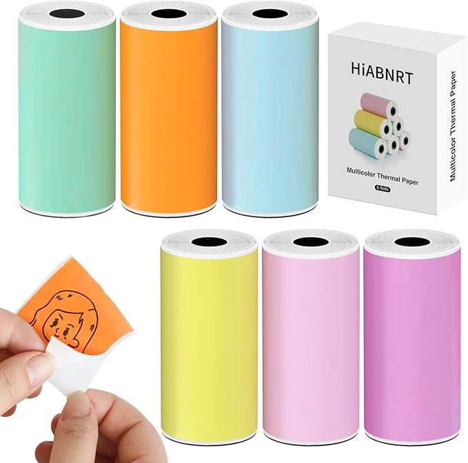 6 Rolls 53mm Mini Thermal Printer Stickers Paper, Multicolor Mini Printer Sticker Paper, Photo Printer Labels Paper, Compatible M02/T02, Kids Instant Camera, To-do Lists, Notes, Black, Photo
