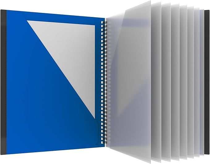 Oxford 10 Pocket Folder, Plastic Spiral Portfolio, Folder for School and Office, Multi-Pocket Paper Organizer, Anti-Tear Edges, 8 Clear Pockets, 2 Diagonal Interior Pockets, Letter Size, Blue (89331)