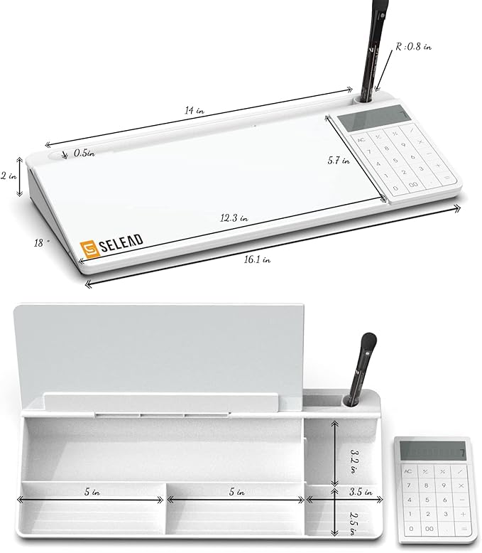 SELEAD Desktop Glass Whiteboard with Calculator, Organizer, Markers, Eraser, Holder - Small Dry Erase White Board Computer Pad Keyboard Stand for Home, School, Office Desk Cubicle Accessories