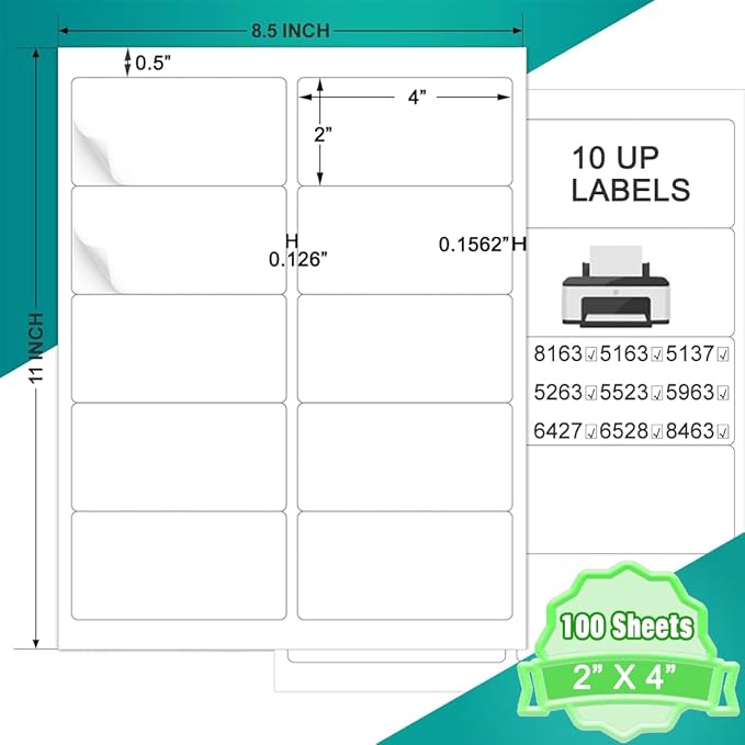2x4 Label Stickers, 1000 Matte Printable Sticker Labels for Address Labels, Mailing Labels, Shipping Labels, Sticker Making, 8.5 x 11 Label Sheets for Lase Inkjet Printer, 10 Up Per Sheet, 100 Sheets