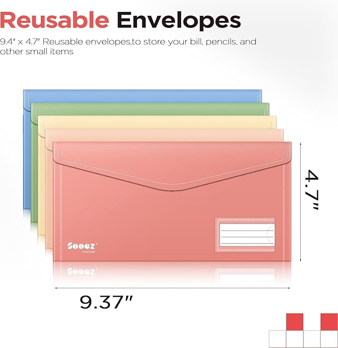 Sooez 20 Pack Reusable Envelopes, Small Pencil Pouch, Pencil Bags Bulk, Receipt Cash Holder, Money Bags, Small Plastic Envelopes, Receipt Envelope for School Office Supplies Travel Accessories