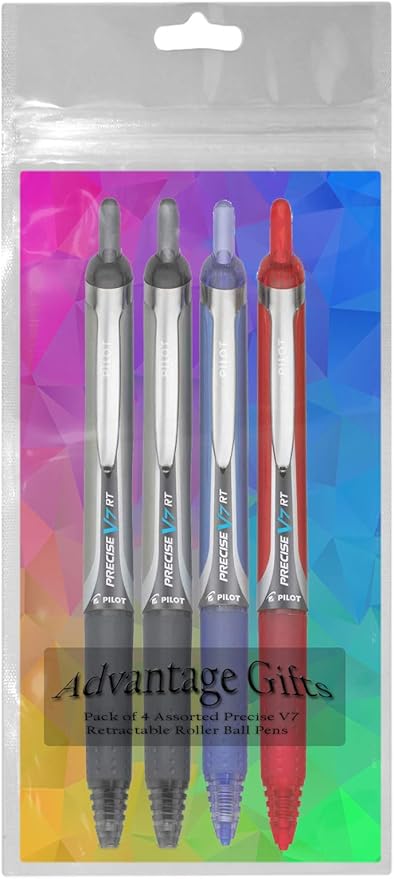 Precise V7 RT Retractable Rolling Ball Pens, Fine Point (.7mm), Assorted Colors Black/Blue/Red Ink, 4-pk; Premium Comfort Grip, Bundle with Plastic Reusable Pouch