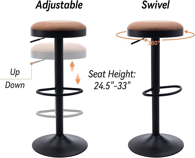 Round Swivel Counter Height Bar Stools Set of 4 Modern Adjustable Barstools Backless PU Leather Bar Chairs Industrial Island Chairs with Metal Base/Footrest for Kitchen Island/Pub/Bar, Brown