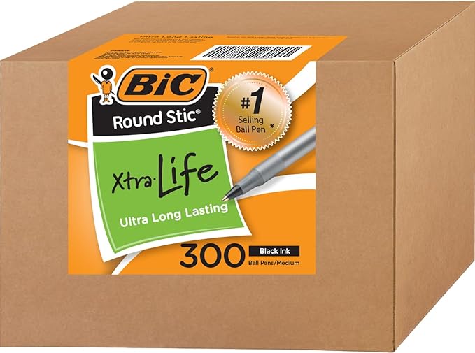 BIC Round Stic Xtra Life Ballpoint Pens, Bulk Pack of Black Ink Pens, Medium point 1.0 mm, Pack of 300