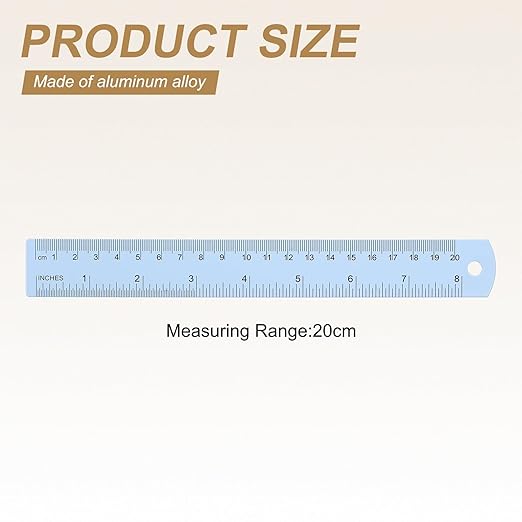 HARFINGTON 4pcs Metal Straight Ruler 20cm Metric SAE Aluminum Alloy Measuring Rulers Scale Tool with Hole for Measure Study Reading Classroom Office, Light Blue