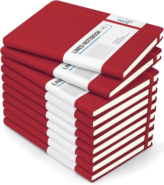 Hardcover Journal Notebooks, 10 Packs A5 Lined Journals Bulk for Writing 200 Pages/100Sheets, 8.4 x 5.8 inch, Classic Ruled Notebook for Work/Travel/College/Note Taking(Red)