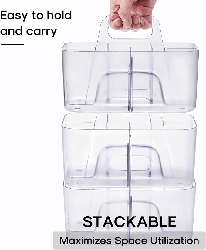 Multiuse Caddy Organizer with Handle - Stackable Plastic Bin - Divided Storage Tote Holder for Art Craft Supplies, Makeup, Bathroom, Shower, Cleaning, Kitchen, Office, Dorm, Desktop - Frosted Clear