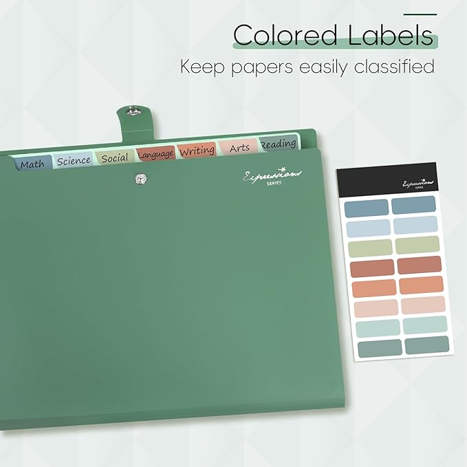 Sooez Elegant Accordion File Organizer with Labels, 8 Pocket Expanding File Folder, Portable Folders for Documents, Cute Paper Organizer for School Office Supplies, Letter Size, Dark Green