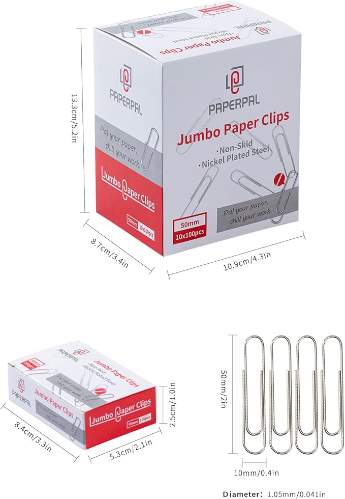 PAPERPAL Paperclips for Office School & Personal Use, Jumbo Nonskid Paper Clip (2"), 1000 Large Paper Clips (10 Boxes of 100 Each), Silver