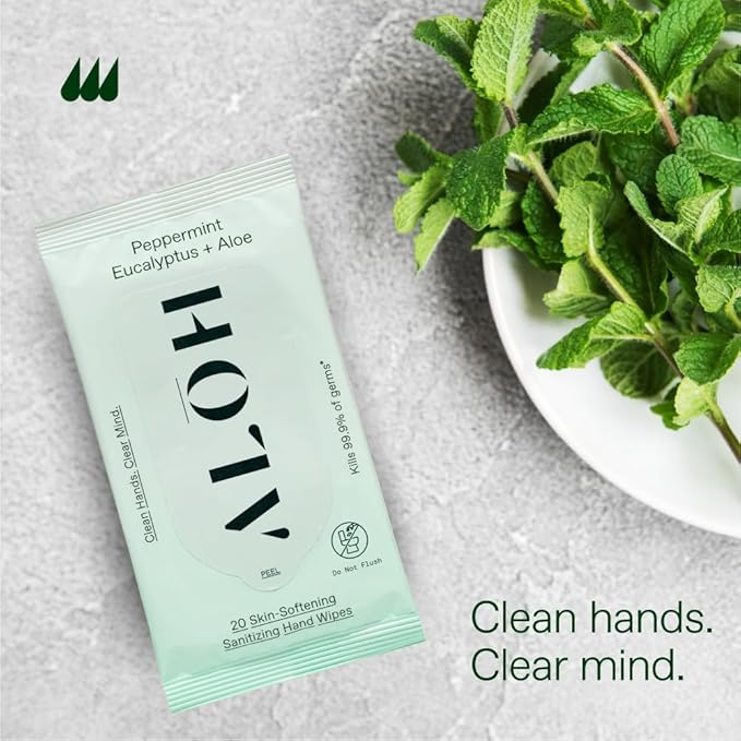 ALŌH Peppermint Eucalyptus Sanitizing Hand Wipes - Clean Hands, Clear Mind On The Go Sanitizer for Kids and Adults - Travel Size 6 packs of 20ct Wipes (120 Wipes)