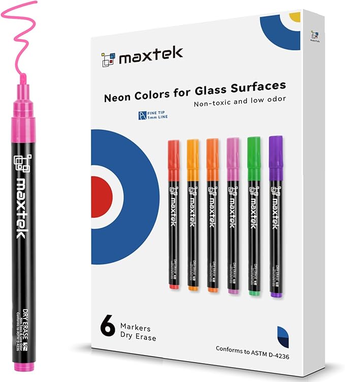 maxtek Dry Erase Markers, Fine Tip Glass Whiteboard Markers, Neon Colors, 6 Count White Board Dry Erase Pens