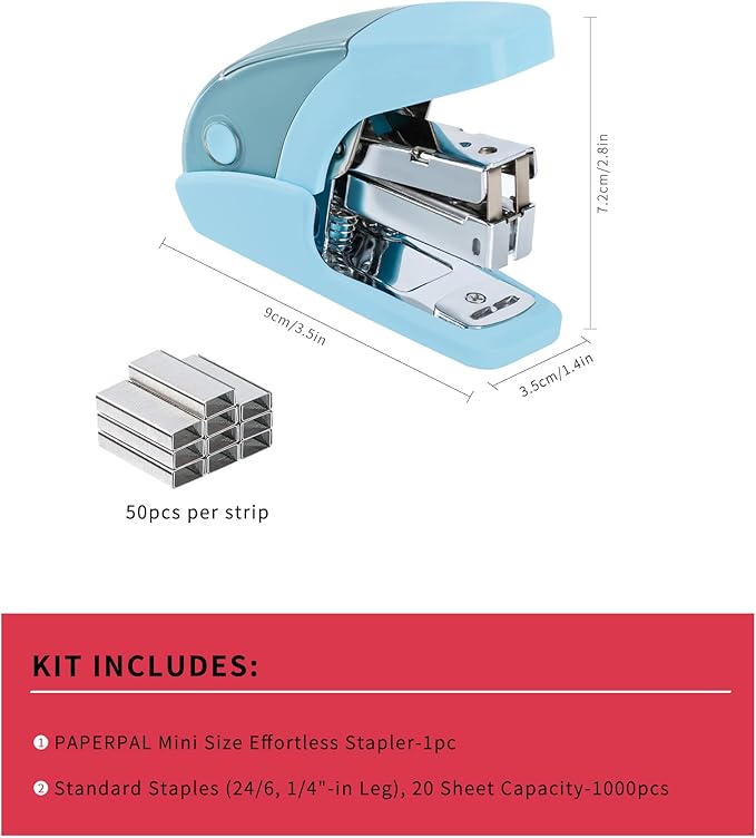 PAPERPAL Effortless Mini Stapler Set, 20 Sheet Capacity, Integrated Remover & Staple Storage, Holds 1/4" Staples, Includes 1000 Staples, Lightweight, Office, School & Daily Use, Light Blue