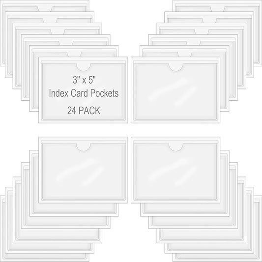 24 Pack Self-Adhesive Index Card Pockets for 3" x 5" Card,Clear Plastic Labels Holders with Top Open for Loading, Storage Bins, Library and Bins