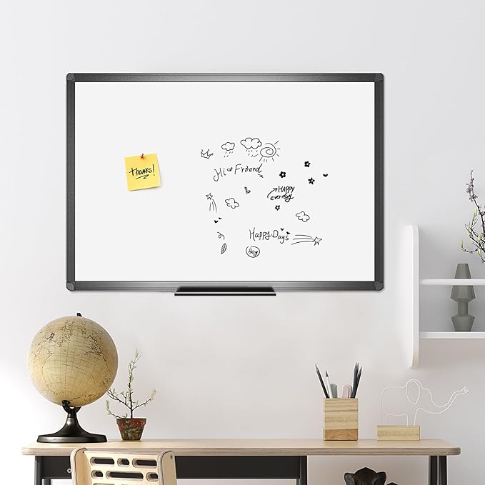 VIZ-PRO Magnetic Dry Erase White Board, 48 X 36 Inches, Black Aluminium Frame