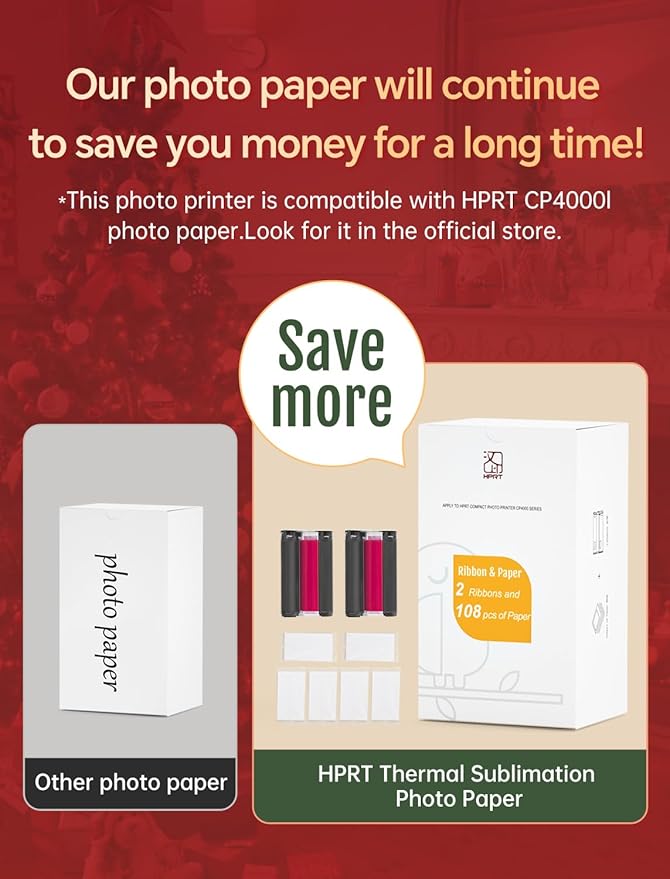 HPRT Photo Printer 4x6,+108Sheets&2ribbon,Instant Picture Printer for iPhone, Android, Smartphone,Portable Photo Printers for Home Use,Thermal Dye-Sublimation, AR Video Printing（White）