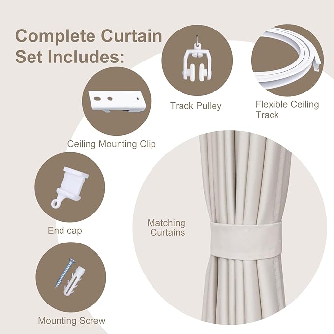 Room Divider Curtains & Flexible Bendable Tracks Set,Privacy Dividers Ceiling Track Curtain Window Blackout Curtains for Living Room Bedroom (W100 × H96 in 1 Panel Beige Drape & White Rail)