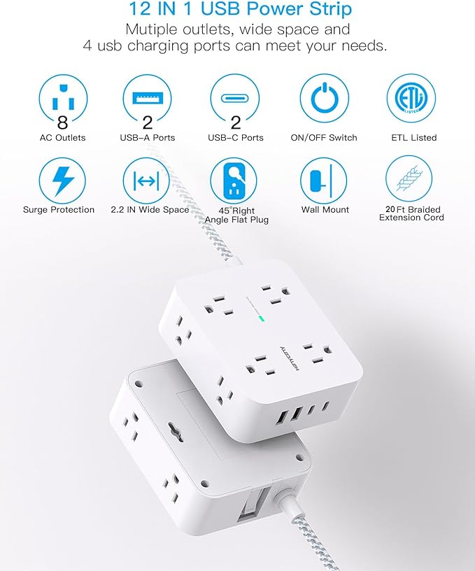 Extension Cord 20 Ft, Power Strip Surge Protector with 8 Outlets 4 USB Ports(2 USB C), Long Cord, Flat Plug, Wall Mount, Desk USB Charging Station for Home Office Essentials