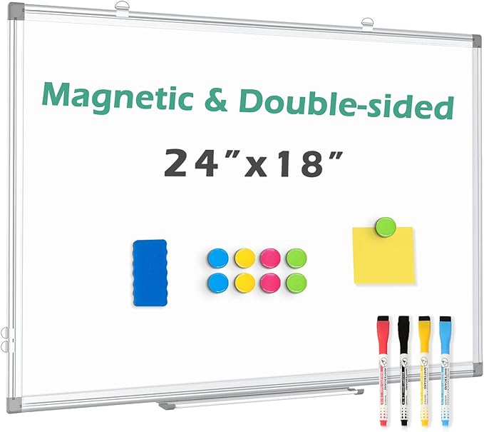 Double-Sided Magnetic White Board, 24"x 18" Dry Erase Board for Wall Mounted & Hanging with Aluminum Frame, Whiteboard for School, Office and Home