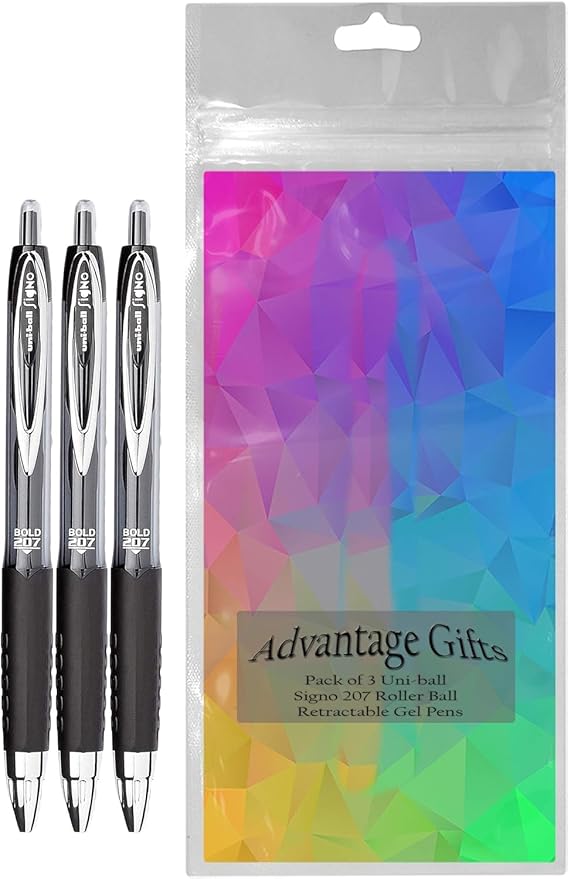Signo 207 Roller Ball Retractable Gel Pens, Bold Point (1.0mm), Black Ink, 3 Count, Bundle with Plastic Reusable Pouch