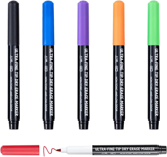 maxtek Dry Erase Markers Ultra Fine Tip, 0.7mm, Low Oror, Extra Fine Point Dry Erase Markers for Planning Whiteboard, Calendar Boards, 6 Count