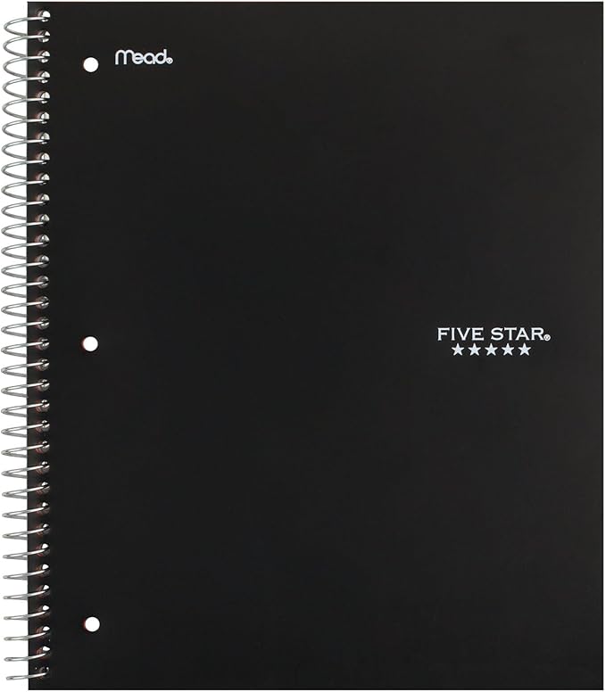 Five Star Spiral Notebook + Study App, 3 Subject, Wide Ruled Paper, 8" x 10-1/2", 150 Sheets, Black (73094)