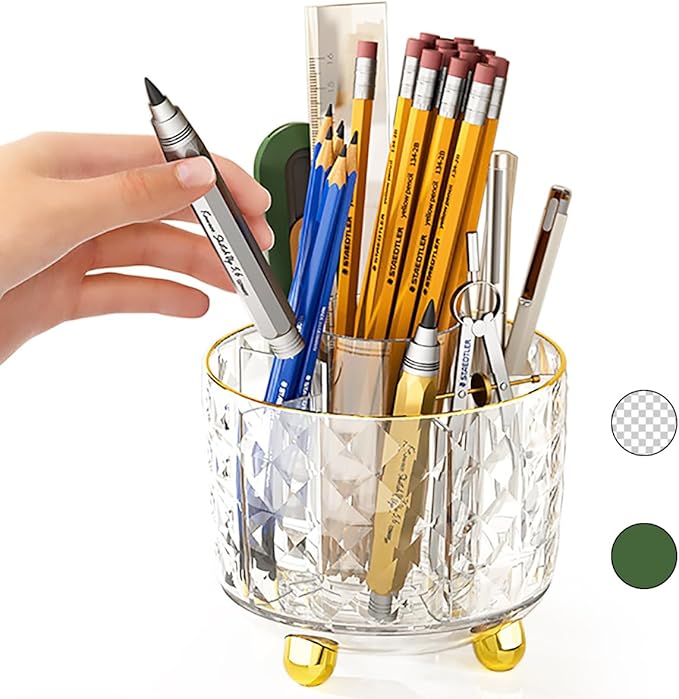 360° Rotating Pencil Holder for Desk, Makeup Brush Holder with 6 Slots, Desk Organizer for Writing Utensil, Office and School Supplies (Transparent)