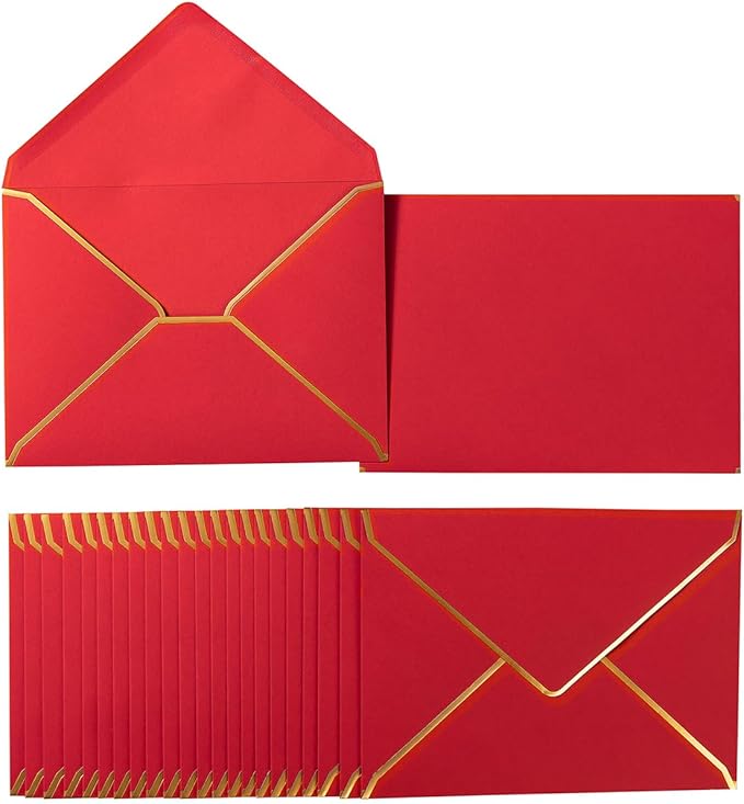 50 Pack A7 Envelopes Red 5 x 7 Self-Adhesive V Flap Envelopes with Gold Border for Office, Greeting Card, Wedding, Graduation, Baby Shower, Parties, Invitations (Red, 5x7)