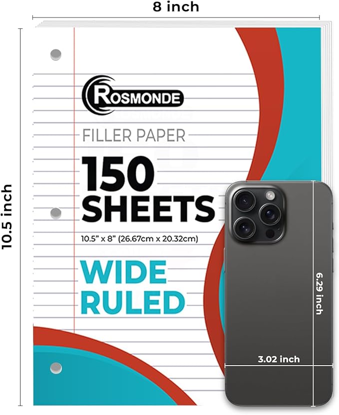 Loose Leaf Paper Bulk, 3600 Sheets, Wide Ruled, 8 x 10.5", Bulk Filler Paper for Office, 56 Gsm Thick Sheets, 3 Hole Punched for Binders, 24 Pack, 150 Sheets/Pack, Notebook Papers, White