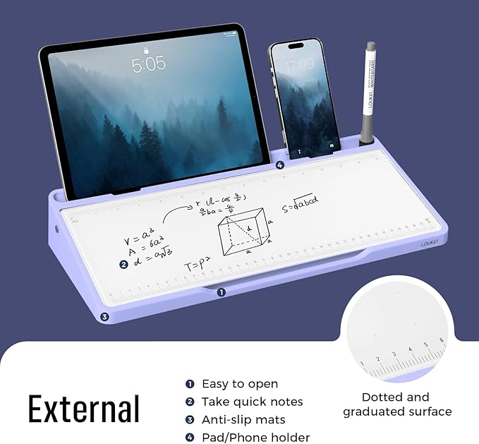 LOUKIN Glass Desktop Whiteboard, 15.3" x 5.6" Desktop Dry Erase Board with Dotted and Graduated Surface, Desktop Buddy, Great for Design and Drawing, 3 Markers and 1 Dry Erase Eraser Included (Purple)