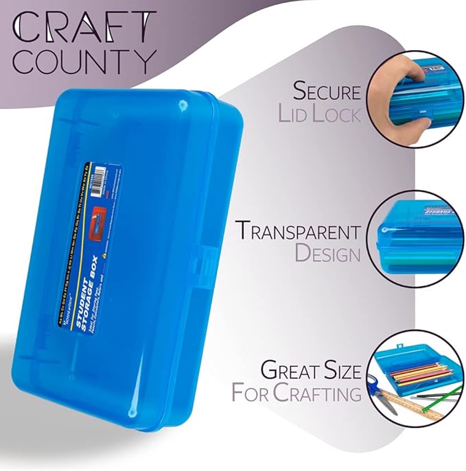 Craft County | Transparent Pencil Box | Colored Utility Box Storage Office Supplies Organizer | Blue