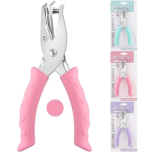 NEBURORA Hole Punch, Pink Single Hole Puncher Metal with Soft-Handled for DIY Craft Tags Clothing Ticket Scrapbook Tool, 3 Colors Options