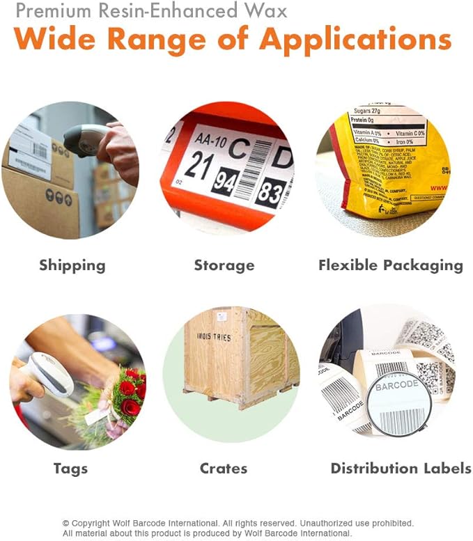 72 Rolls Wolfbarco 2.52" x 1476' (64mm x 450m) Black Premium Resin-Enhanced Wax Thermal Transfer Ribbon Compatible with Zebra,TEC, INTERMEC,Citizen,TSC,GODEX,ARGOX Printers