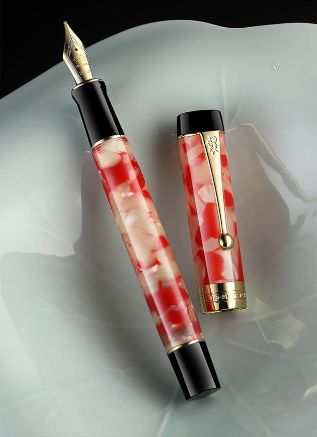 Jinhao 100 Fountain Pen Celluloid Classic Style, #6 Nib Smooth Writing Instrument with Refillable Converter and Pen Case Set
