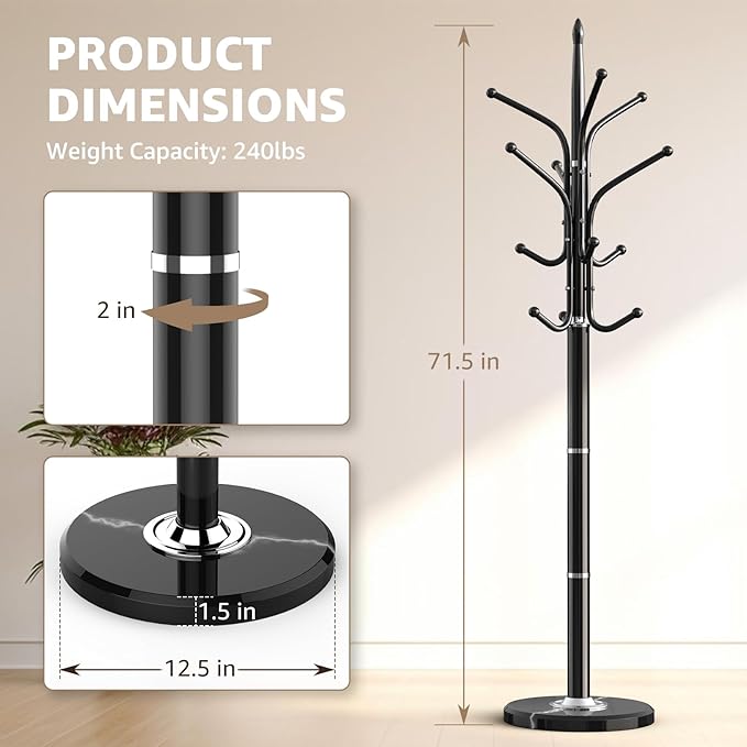 Heavy Duty Coat Rack with Marble Base, Freestanding Hall Coat Tree with 12 Hooks and 3 Adjustable Sizes, Metal Coat Rack Stand for Entryway, Bedroom, Office Hanging Purses, Coats, Scarves, Hats