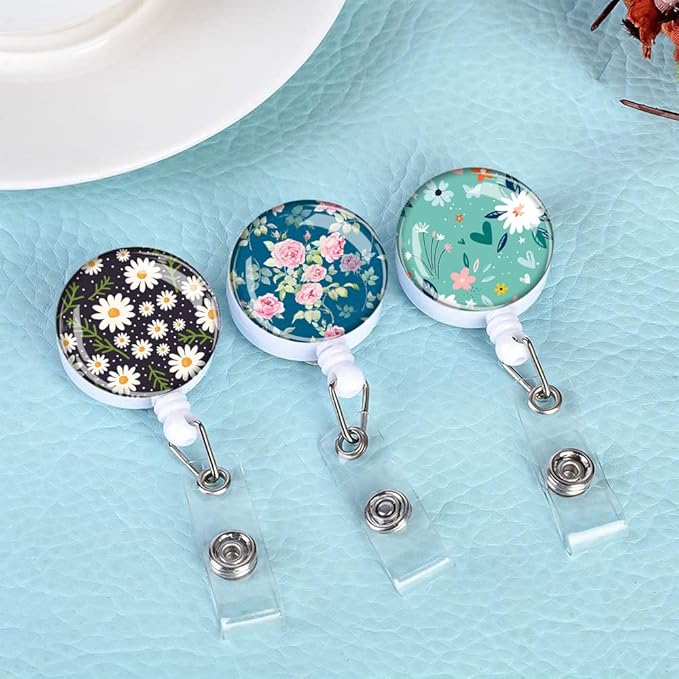 Retractable ID Badge Holder Nurse Badge Reels with Clip Name Card Holders for Office Worker Doctor Nurse (Cute Flowers 3 Pack)