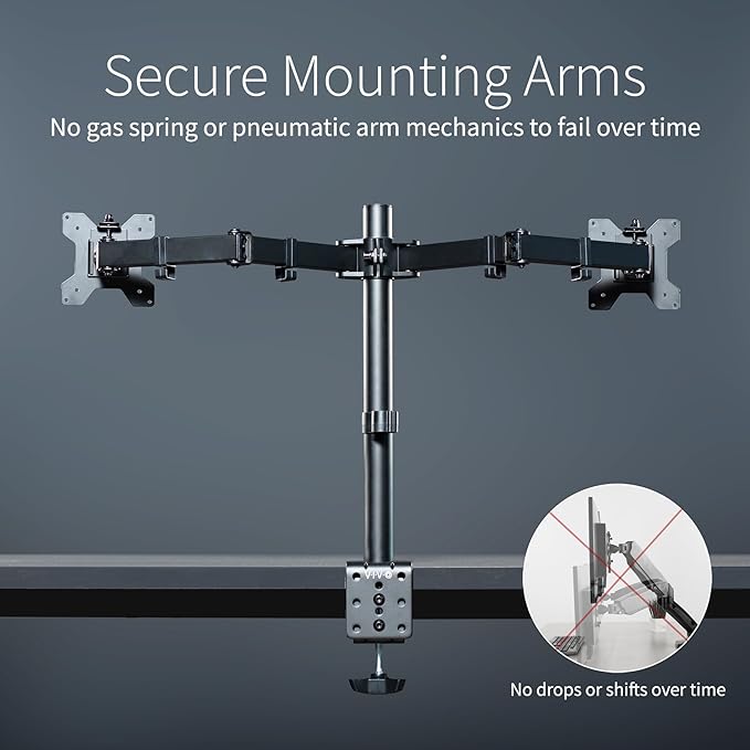 VIVO Dual Monitor Desk Mount, Holds 2 Computer Screens up to 30 inches and 22lbs Each, Heavy Duty Fully Adjustable Steel Stand with C-Clamp and Grommet, Black, STAND-V002