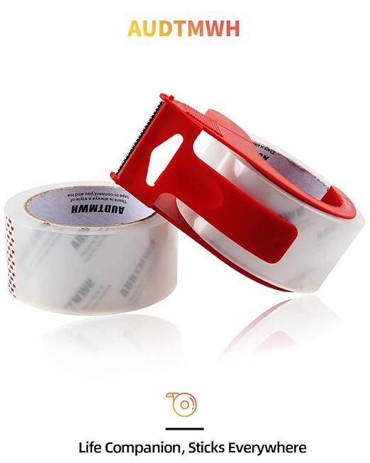 Packing Tape with Dispenser, Clear, Heavy Duty Packaging Tape Designed for Moving, Packing, Shipping and Mailing, 1.88" x 48 Yds, 2 Rolls w/1 Dispenser
