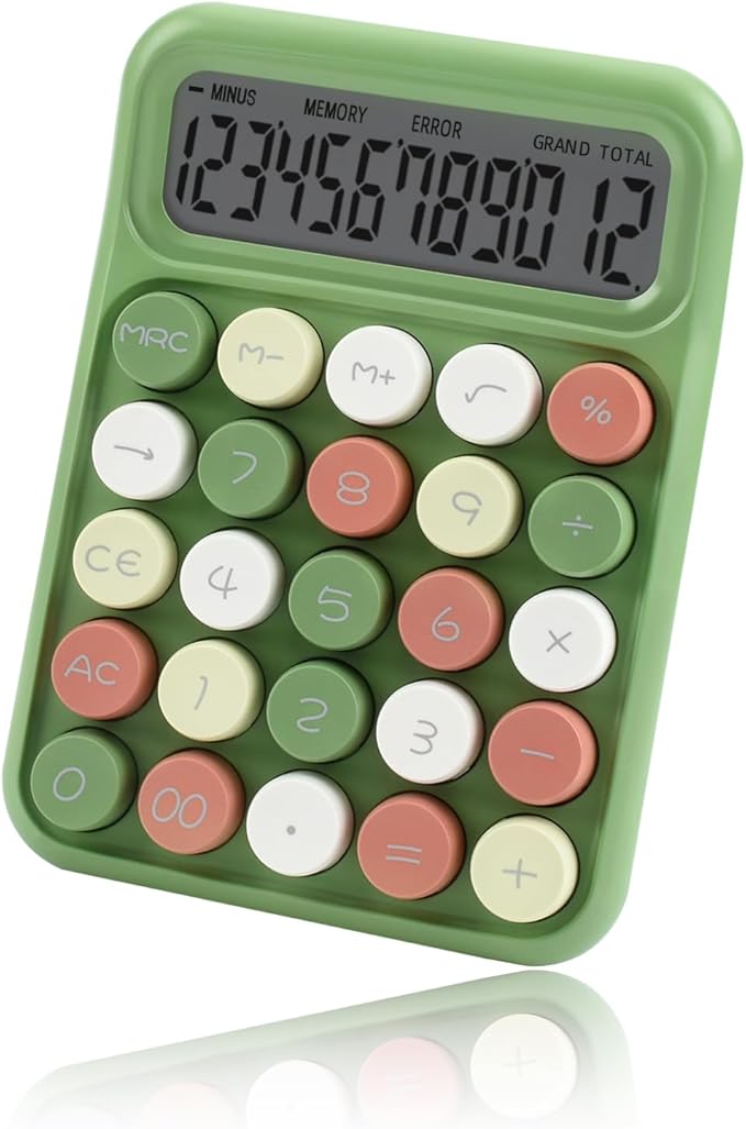 Desktop Mechanical Calculator, 12-Digit Large LCD Display Basic Standard Calculators with Cute Big Buttons, Desk Accessories, for Office Home School (Green)