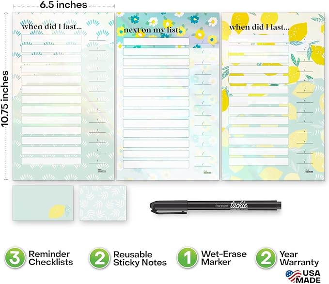 M.C. Squares Reusable, Erasable Household Reminders and Sticky Notes with Smudge-Free Tackie Marker | Cling to Stainless Steel & Glass | USA Made
