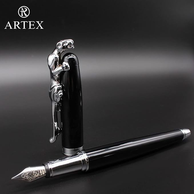 Stylish Fountain Pen : Luxury,Elegant, Germany F Fine Nib, Gift for Men & Women, Professional, Executive, Metal, Gift Box (Black/Silver (Leopard))