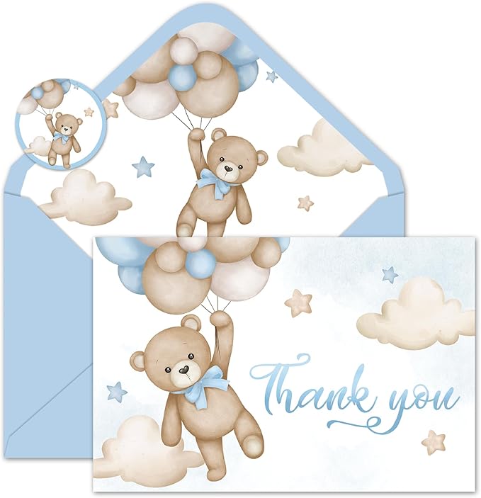Whaline 24 Pack Bear Thank You Card Blue Bear Balloon Greeting Card with Envelope Sticker Cute Blank Note Card for Baby Shower Party Invitation Supplies, 4 x 6 Inch