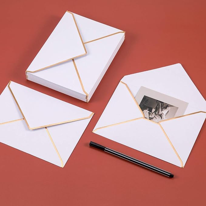 50 Pack White A4 Envelopes 4x6 Self-Adhesive V Flap Envelopes with Gold Border for Office, Greeting Card, Wedding, Graduation, Baby Shower, Parties, Invitations (4.25x6.25 inches)