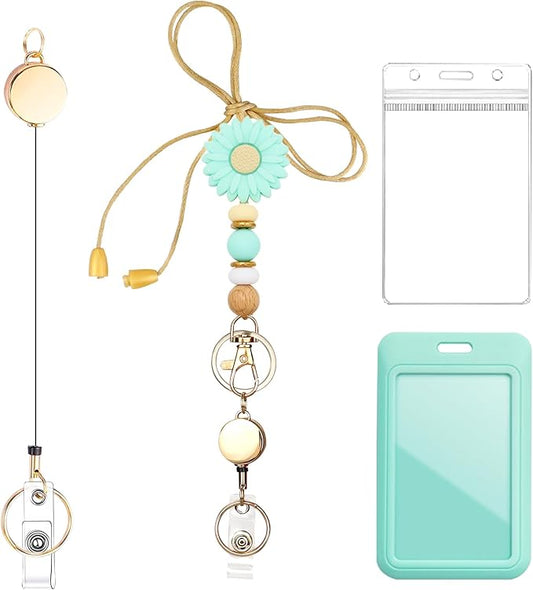 Colorful ID Badge Holder with Silicone Beads Lanyard Set,Cute Teacher Breakaway Lanyard for Keys & Keychain with Cute Retractable Badge Reel Holder,Gift for Women,Nurse, Teacher. (X)