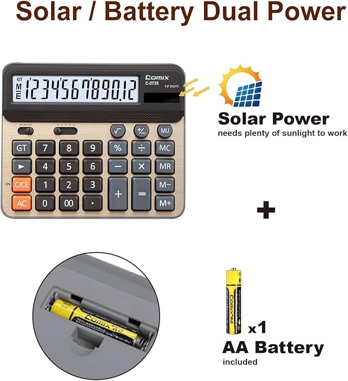 Comix Desktop Calculator, Large Computer Keys, 12 Digits Display, Champaign Gold Color Panel, C-2735, 2-Pack