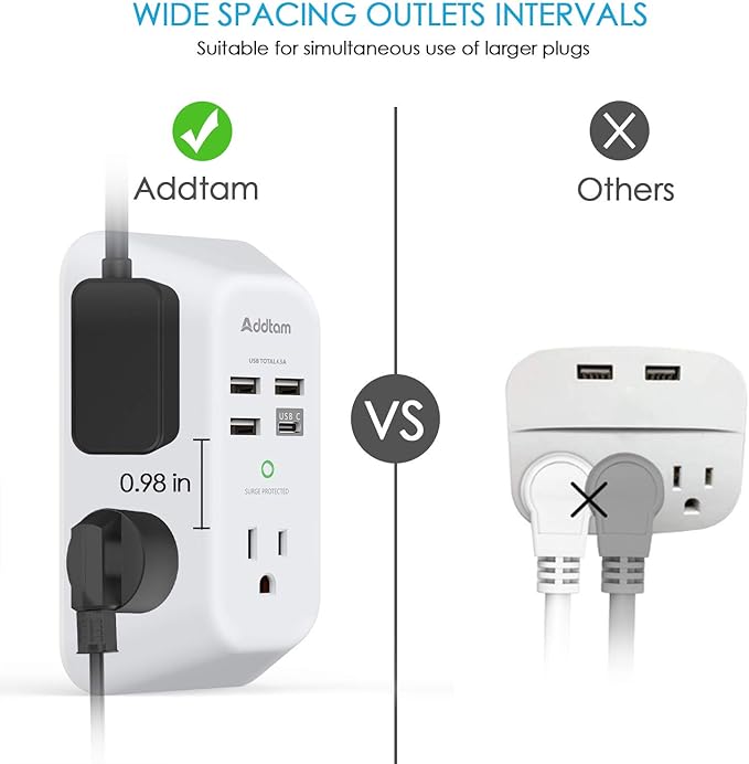 Addtam USB Wall Charger Surge Protector 5 Outlet Extender with 4 USB Charging Ports (1 USB C Outlet) 3 Sided 1800J Power Strip Multi Plug Outlets Wall Adapter Spaced for Home Travel Office ETL Listed