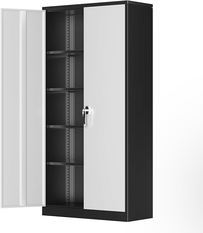 Greenvelly Metal Garage Storage Cabinet with Lock, 72”Metal Storage Cabinet with 2 Doors and 4 Adjustable Shelves, Steel Tool Cabinet for Garage,Home Office, School,Gym (Black Grey)
