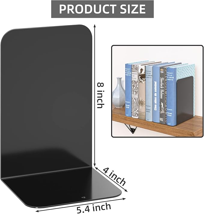 VFINE Bookends 1 Pair, Black Metal Book Ends, Bookends for Shelves, Book Stopper for Heavy Books, Book Dividers for Home Office School Supplies
