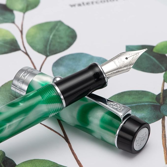 Jinhao 100 Fountain Pen Celluloid Classic Style, #6 Nib Smooth Writing Instrument with Refillable Converter and Pen Case Set