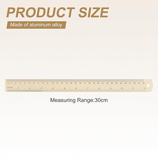 HARFINGTON 6pcs Metal Straight Ruler 30cm Metric SAE Aluminum Alloy Measuring Rulers Scale Tool with Hole for Measure Study Reading Classroom Office, Beige