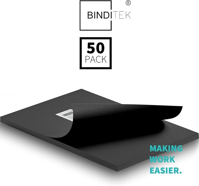 Binditek 50 Pack 16 Mil Sand-Textured Polycover, 11 x 17 Inches Front and Back Covers, Lightly Sanded Finish, Heavyduty Binding Presentation Covers for Business Reports, Tabloid, Black